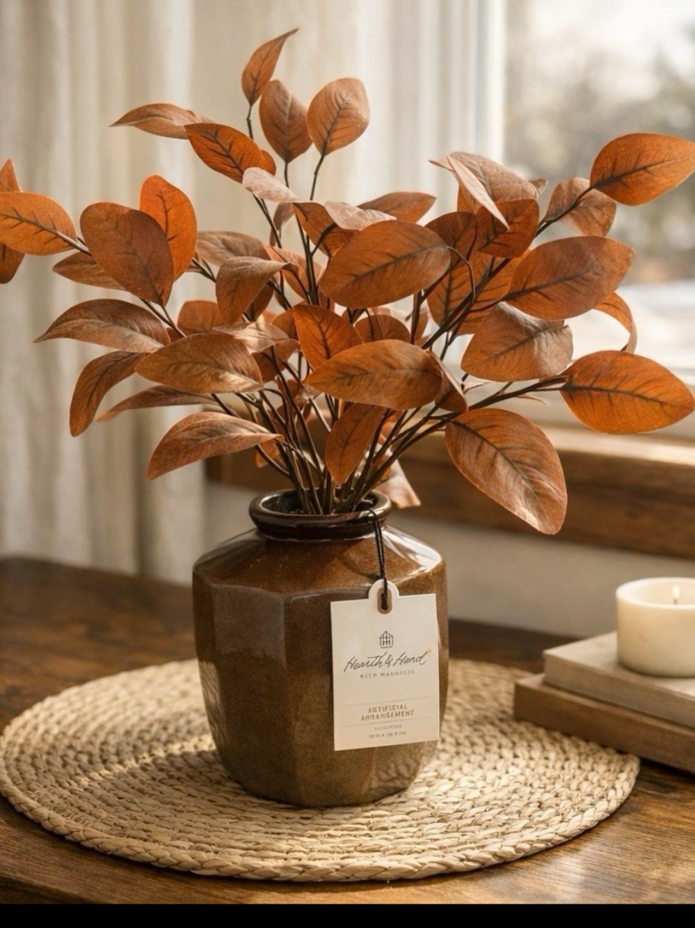 Hearth & Hand Magnolia Artificial Eucalyptus Arrangement Brown Vase  11”
